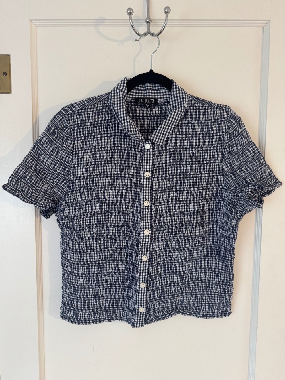 J.Crew Navy Gingham Cropped Stretch Top, Size L